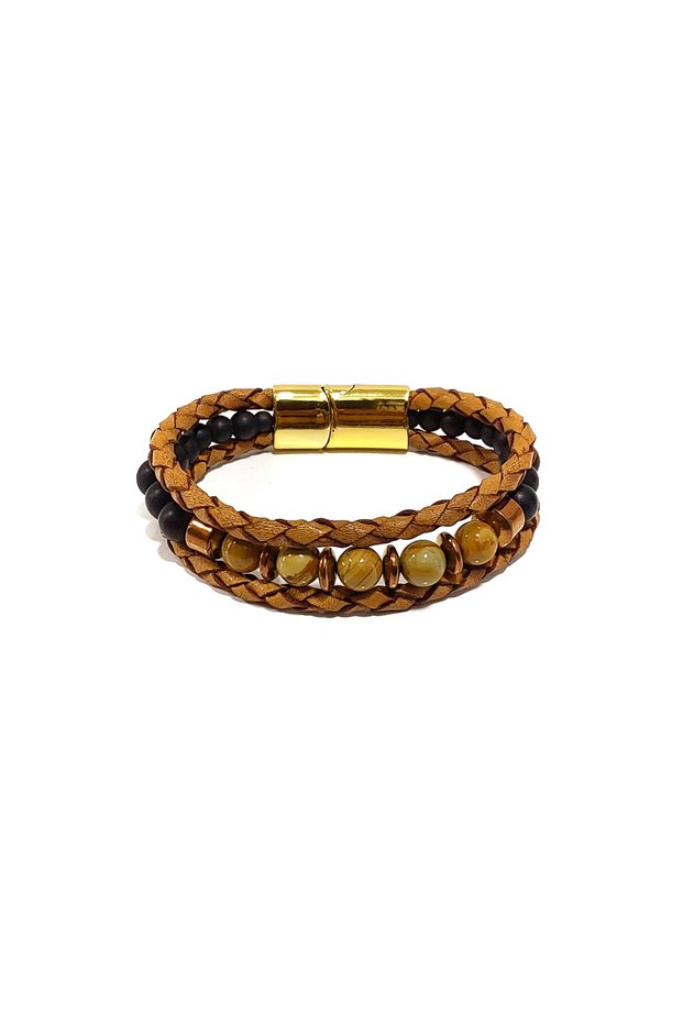 Brown Natural Stone Weave and Genuine Leather Combination Men's Bracelet | Magnetic Metal Buckle Design