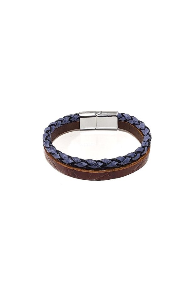 Asil Yol Brown-Navy Blue Genuine Leather Braided Men's Bracelet-600