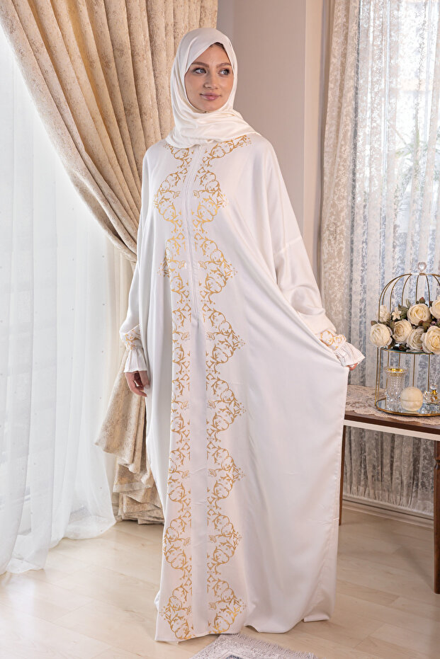 Women's Zip-Up One-Piece Leaf Embroidered Prayer Dress