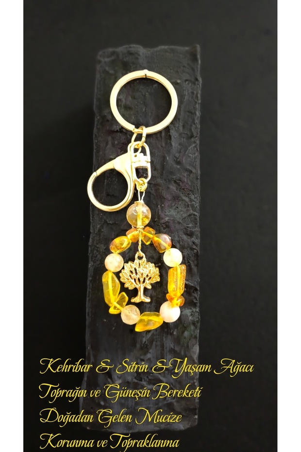 Natural Stone Drop Amber & Citrine Keychain Abundance Protection