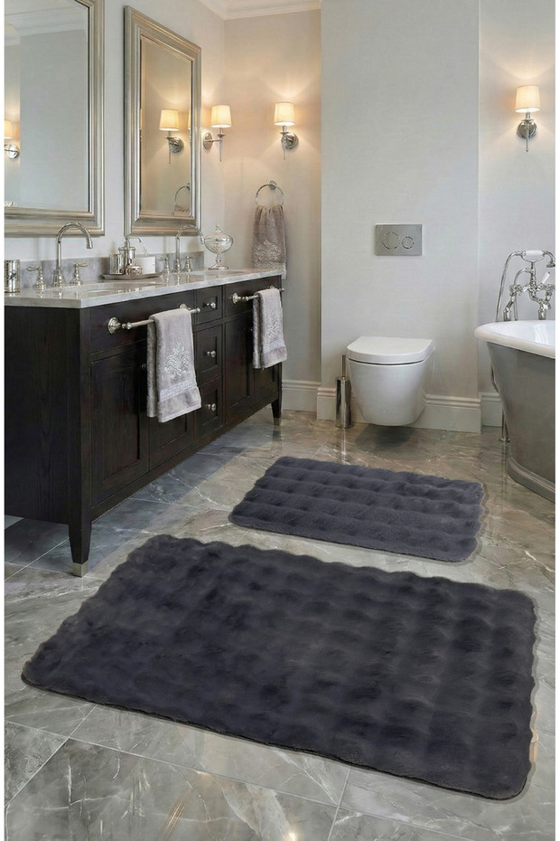 Bubble Rabbit Hair, Non-Slip Base, Fluffy, Ultra Luxury, Washable 2-Piece Bath Mat Anthracite