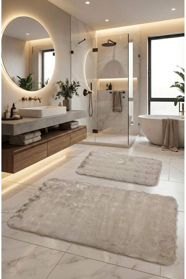 Bubble Rabbit Hair, Non-Slip Base, Fluffy, Ultra Luxury, Washable 2-Piece Bath Mat Camel