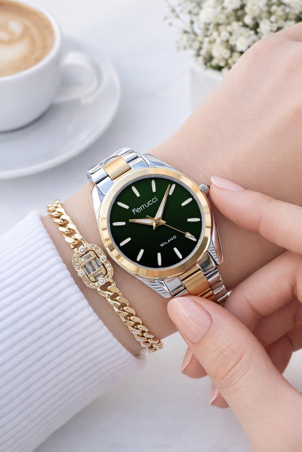 BLKT.2.968 Ferrucci Women's Wristwatch 30 Mt Water Resistant Steel Cord Anti-Tarnish Color Throw+Bracelet