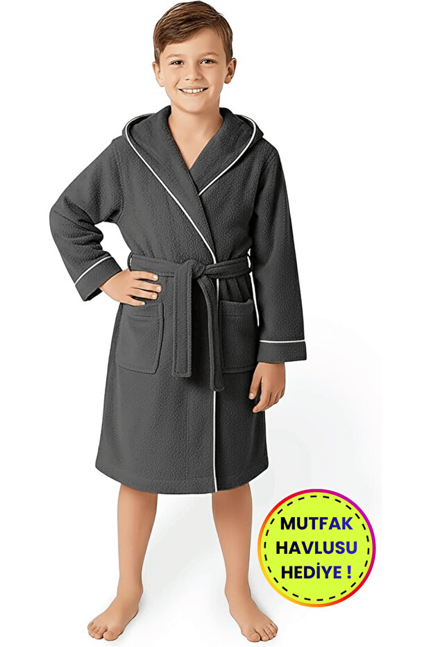 Girls-Boys Children's Bathrobe 100% Cotton |   Hooded – with Pockets – Soft – Piped – Anthracite