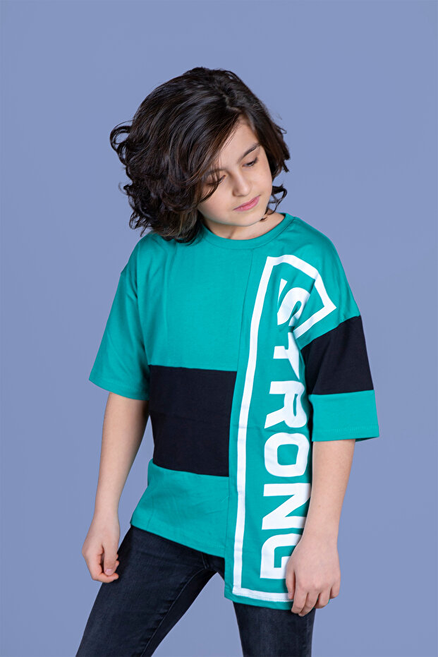 Boy's Printed Crew Neck Short Sleeve Asymmetrical T-Shirt - Color Block