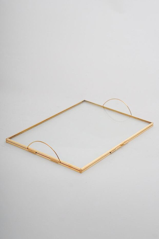 30x20cm Brass Gold Covered Glass Promise Engagement Serving Kitchen Ring Presentation Tray Groom Coffee Organization