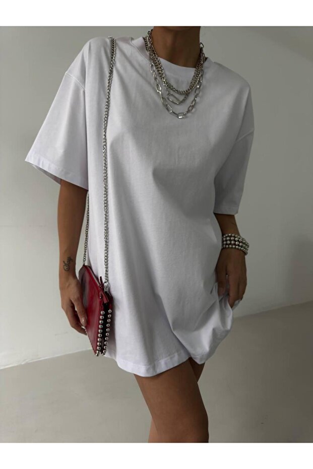 Beyaz Oversize Baskılı Basic Tişört – Cles Couture - 1