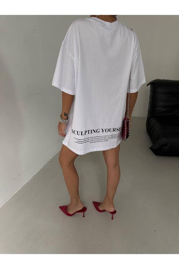 Beyaz Oversize Baskılı Basic Tişört – Cles Couture - 3