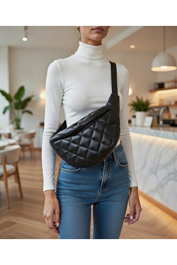 Genuine Leather, Handmade, Diamond Patterned, Large, Unisex, Freebag, Waist, Body and Chest Bag