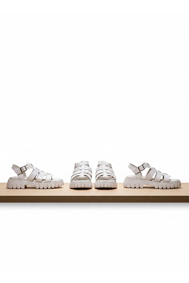 KREM DERİ SANDALET - 1