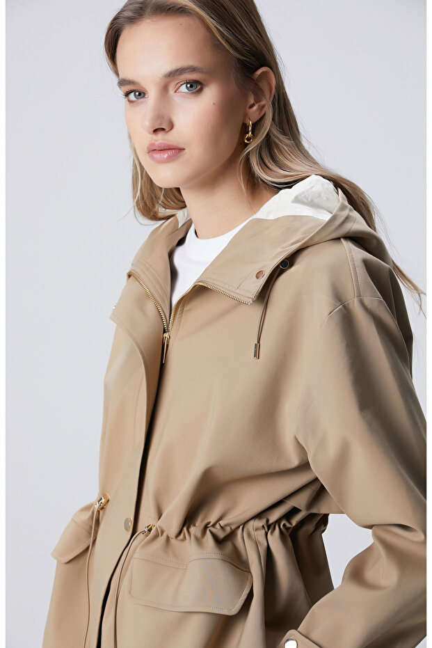 Bej Kapüşonlu Mont - 2
