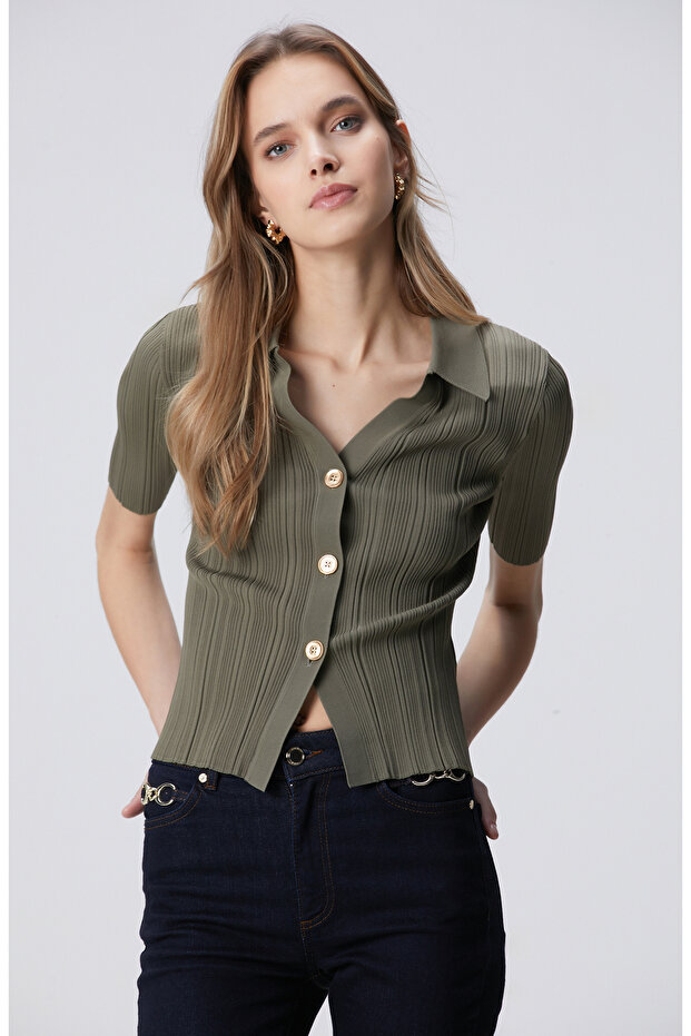 Açık Haki Kısa Kol Triko - 4