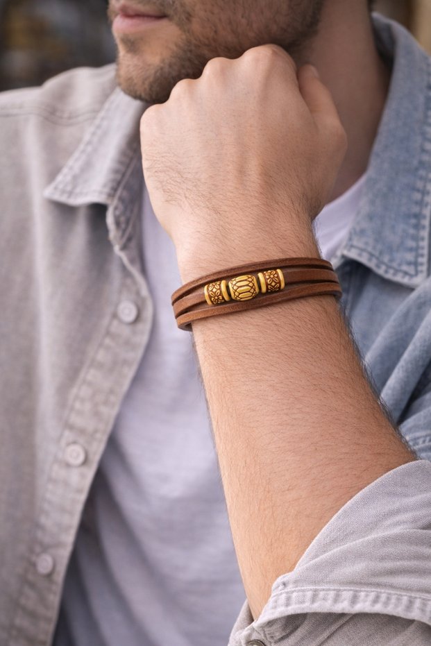 Aurum Nomad – Hand-Embroidered Detailed Genuine Leather Men's Bracelet-1377