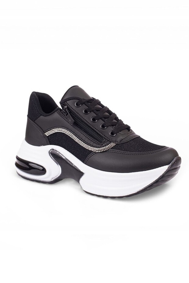 1511-26 Leather Leather Glitter Striped Anatomical Lace-Up Women's Sneaker Black White