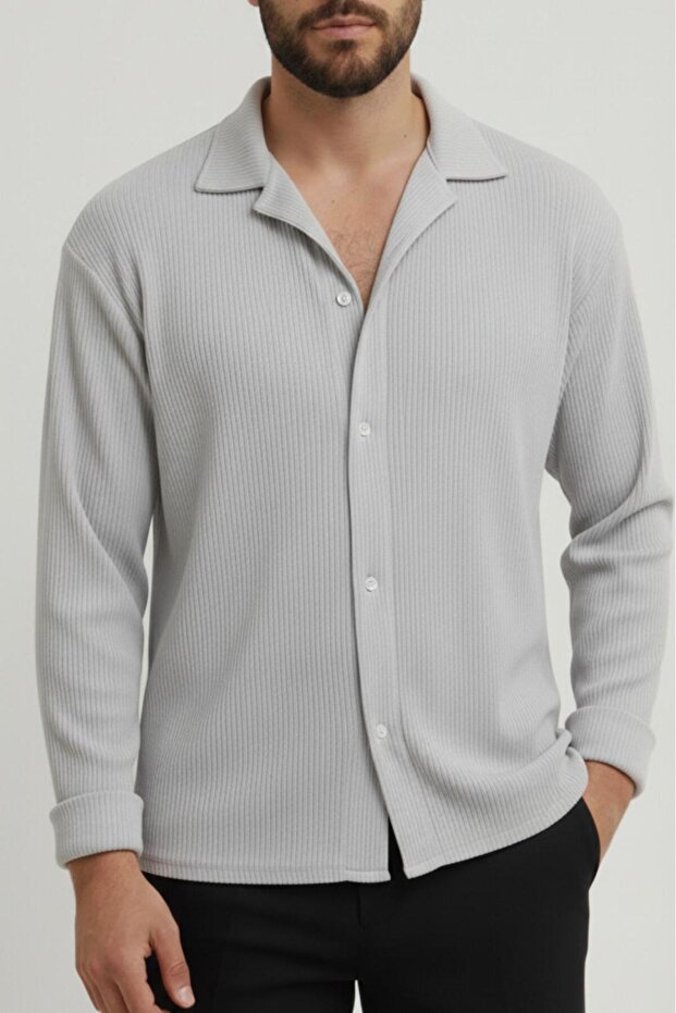 Men's Light Gray Regular Fit Ribbed Ottoman Fabric Shirt