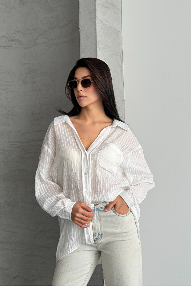 Oversize Çizgili Gömlek - 5