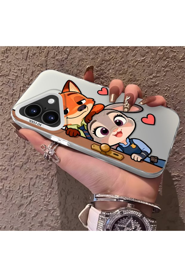 iPhone 16 Compatible High-Quality Cartoon Fox and Rabbit Couple Printed Case