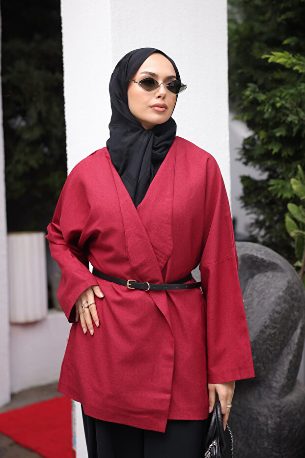Burgundy Belted Double-Breasted Collared Casual Jacket