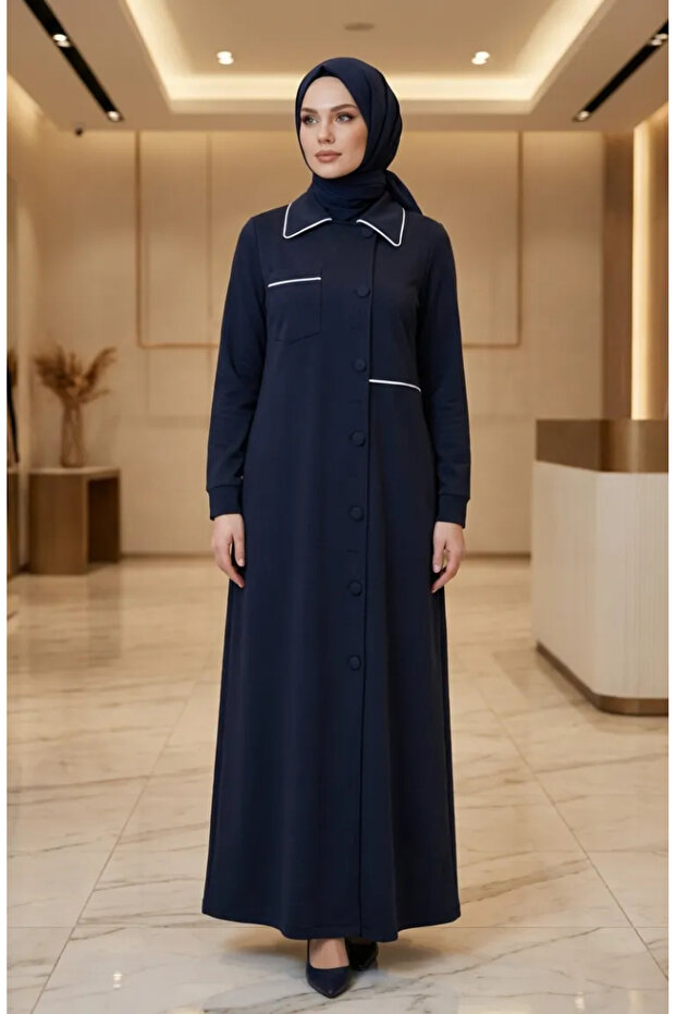 فستان بخياطة مزدوجة الأطراف مع أزرار 71176-06 باللون الأزرق الداكن - 2