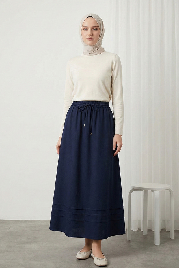 Rubber Waist Skirt with Pocket and Stitching Detail – Navy Blue