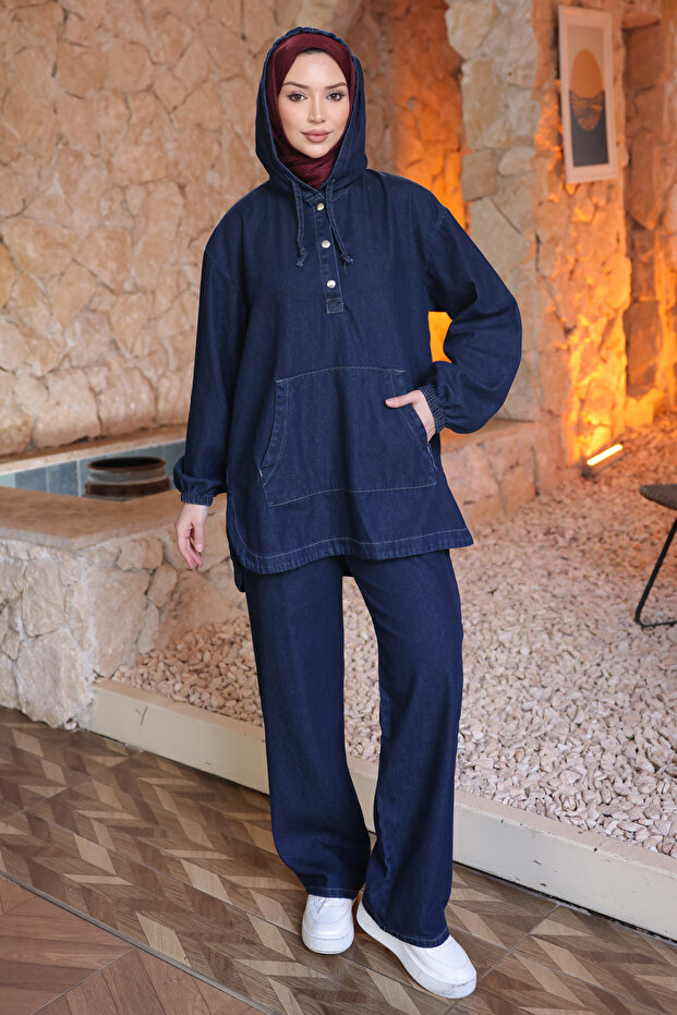 Navy Blue Hooded Elastic Sleeve Tunic and Trousers Denim Set