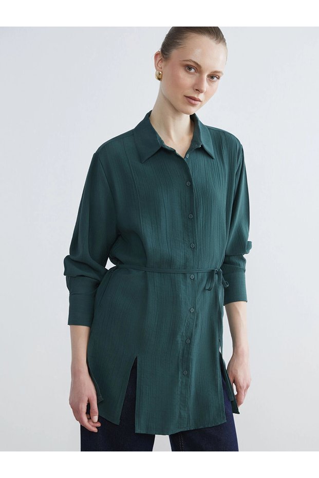 Lcwaikiki Classic Green Textured Crinkle Women's Shirt Tunic