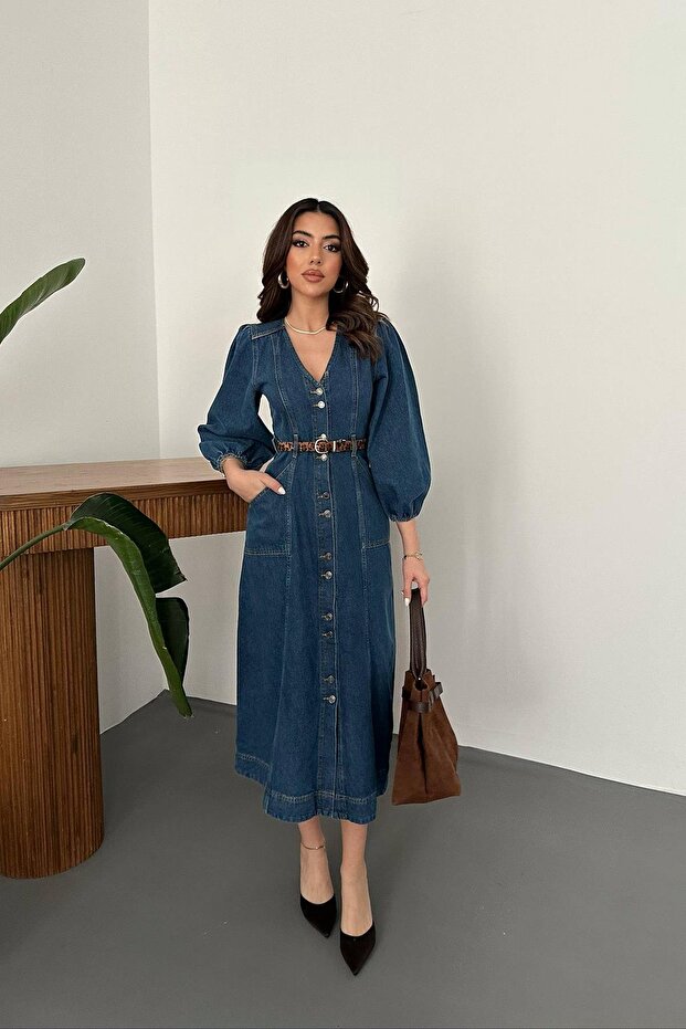Women's V-Neck Balloon Sleeve Buttoned Denim Dress