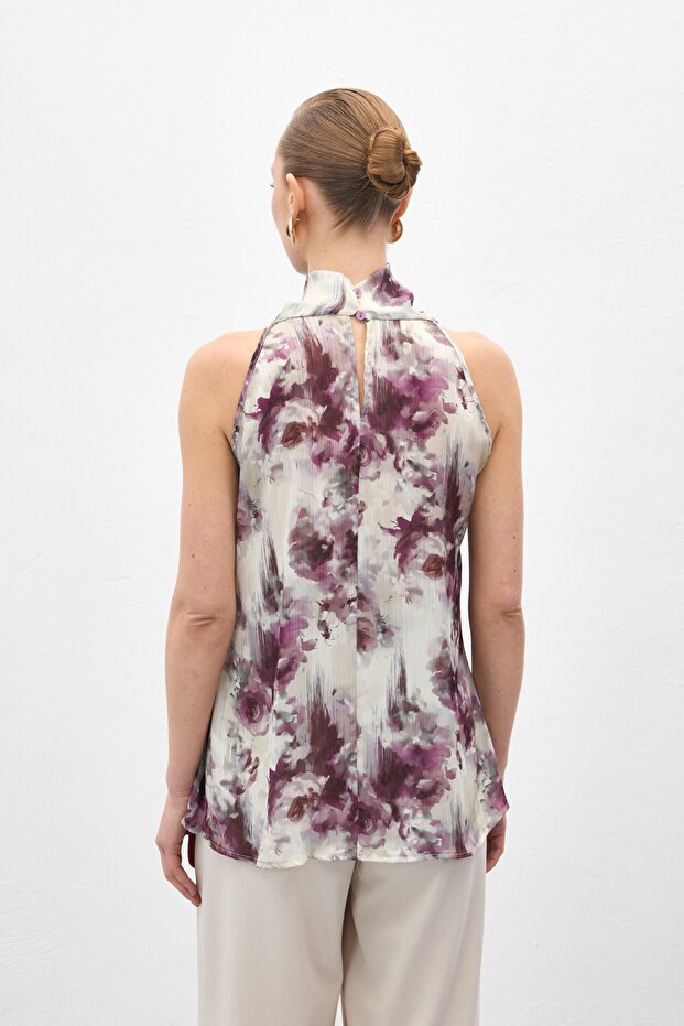 بلوزة منقوشة بياقة هالتر - لون برقوق - 8
