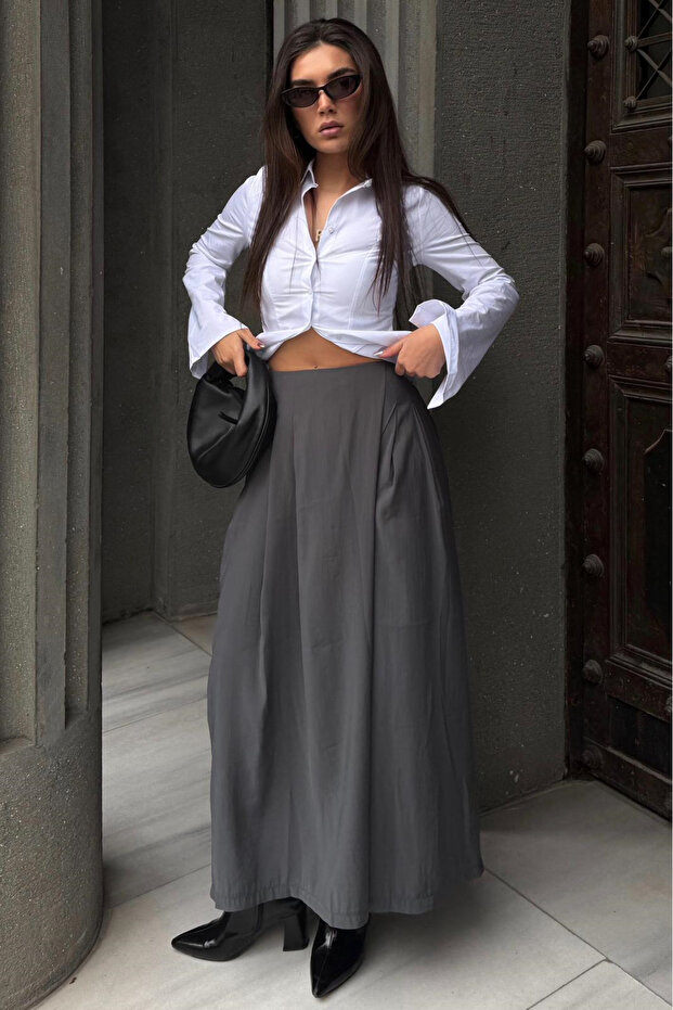 Anthracite Relaxed Fit Pleated Women's Skirt Trousers with Pockets Mg2693