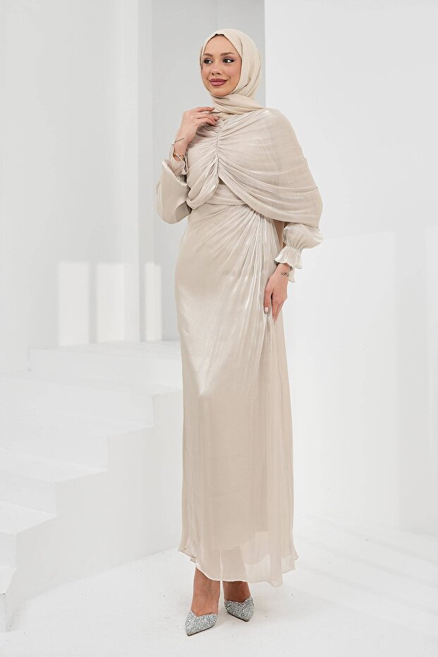 Stone-Fronted Draped Mobile Cape Evening Dress