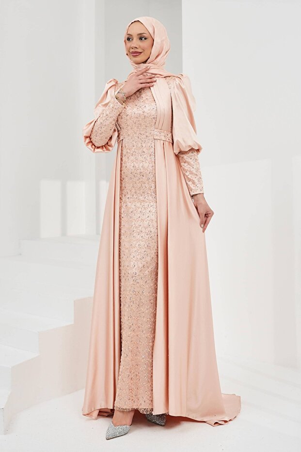 Powder Tail Beaded Embroidered Satin Evening Dress