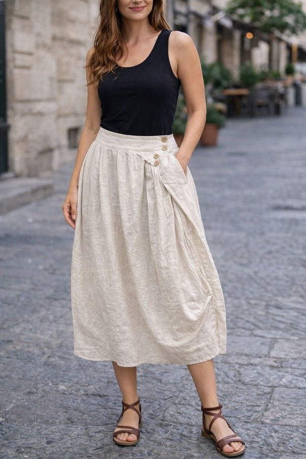 Women's New Season Buttoned % Cotton Fabric Skirt