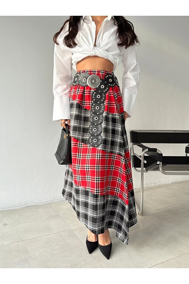 Kadın Kemerli Patchwork Ekose Maxi Etek - 4