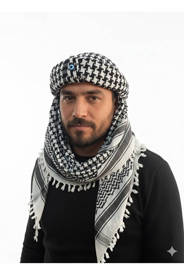 Special Design Black and White Pucci Hat with Evil Eye Beads, Ethnic Kefiye Model
