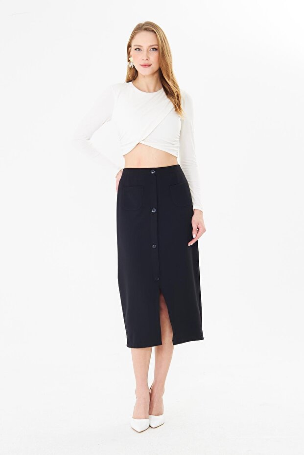 Women's Regular Waist Pocketed Buttoned Front Slit Pencil Skirt Black