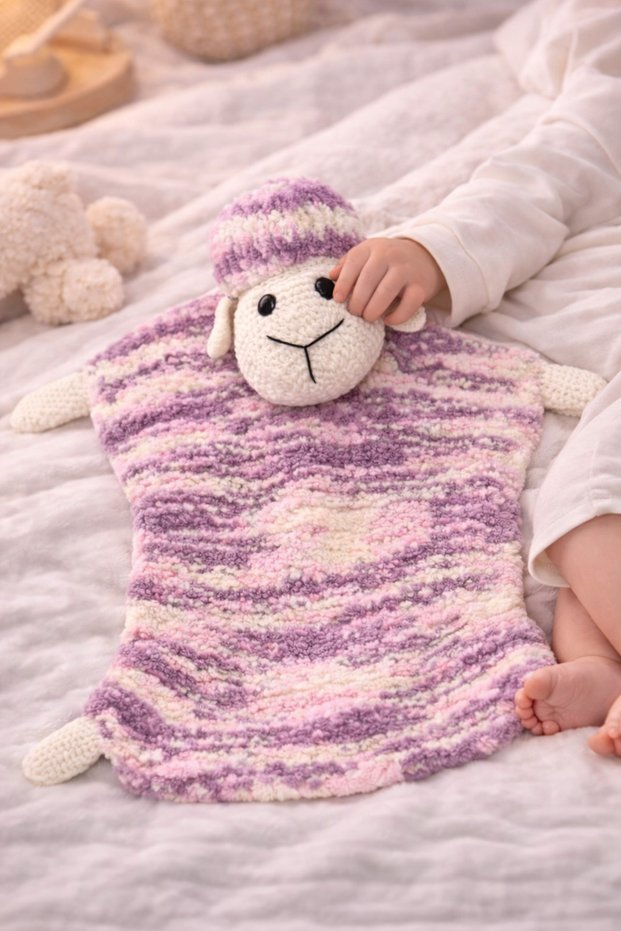 Handmade Amigurumi Lamb Sleeping Companion Blanket – Plush Baby Lovey Toy (Special Design)