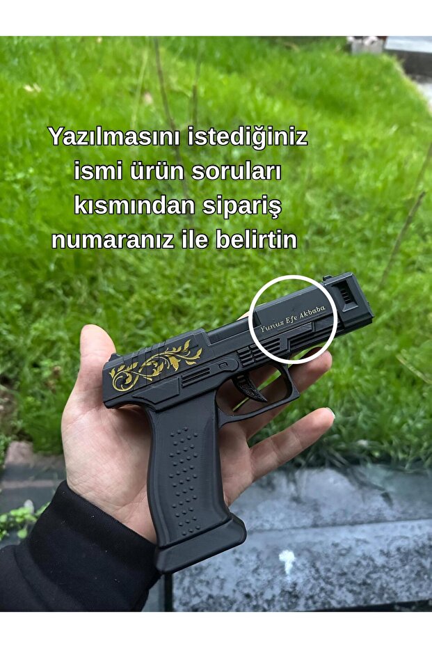 SZD Design Altın İşleme İsimli Bölmeli Özel Yapım Çakmak Saklama Kabı Çakmak tabanca Şeklinde Çakmak Tabanca