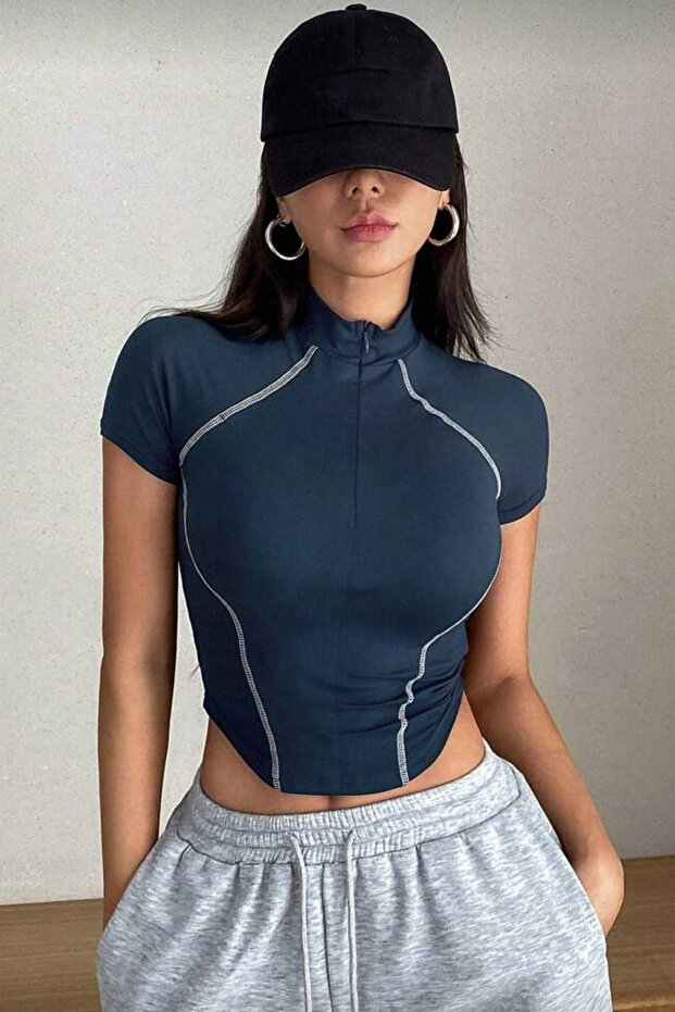 Spark Navy Blue Short Sleeve Lapel Zipper Slim Fit Blouse with Reverse Stitch Detail