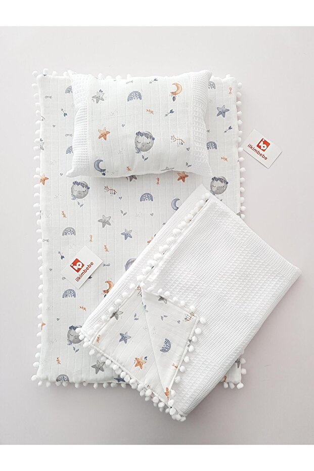 Dolunay Pompom Pique Baby Blanket 3-Piece Diaper Set