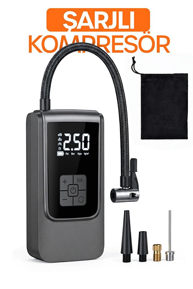 Venenon Dijital Ekranlı Şarjlı Araç Hava Kompresörü LEDli Powerbank Lastik Top Yatak Şişirme Pompası 150psi