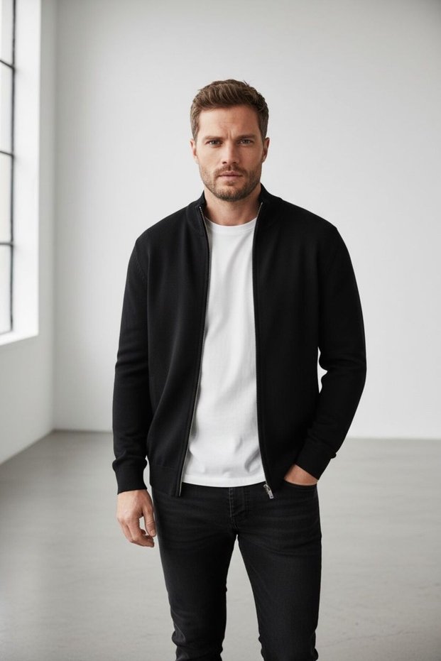 Interview Zippered Half Turtleneck Rayon Navy Blue Knitwear Cardigan with Pockets