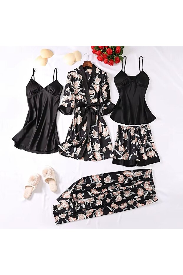 Ece's 5 Piece Luxury Satin Pajamas & Nightgown Set Robe Women's Set W2013