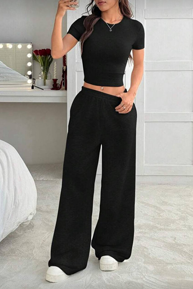 Candy Black Short Sleeve Blouse and Wide Leg Sweatpants 2-Piece Set