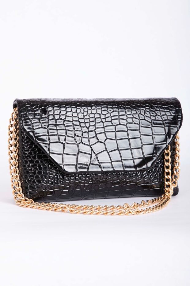 Crocodile Pattern Chain Strap Portfolio Bag Black