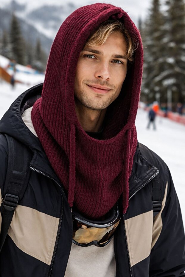 Burgundy Wool Premium Balaklava Men's Beanie Hat