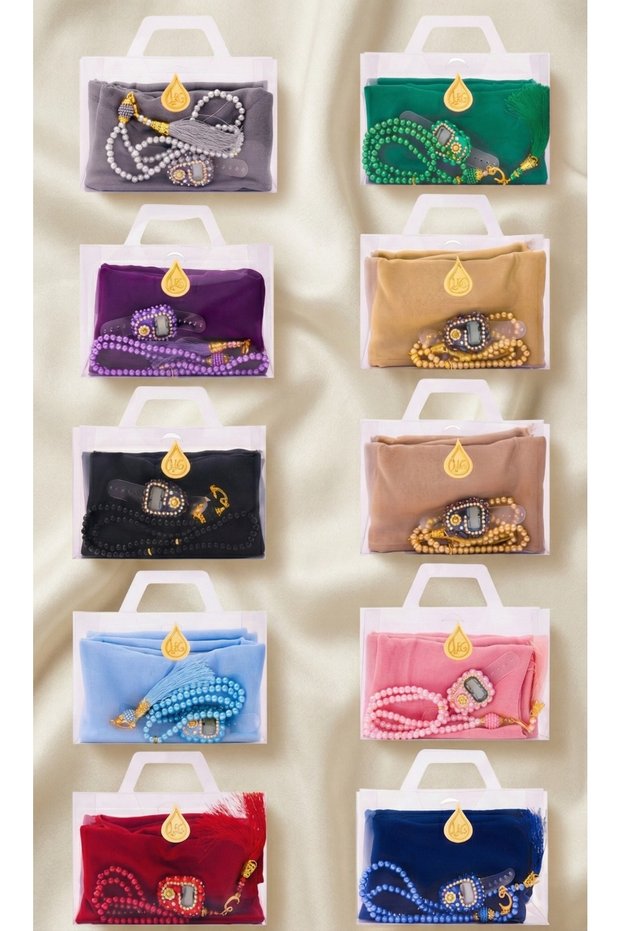 Flam Scarf in a Bag, Pearl Prayer Beads, Stone Zikirmatik, 10 Pieces Mevlüt Hac Umrah Gift Set