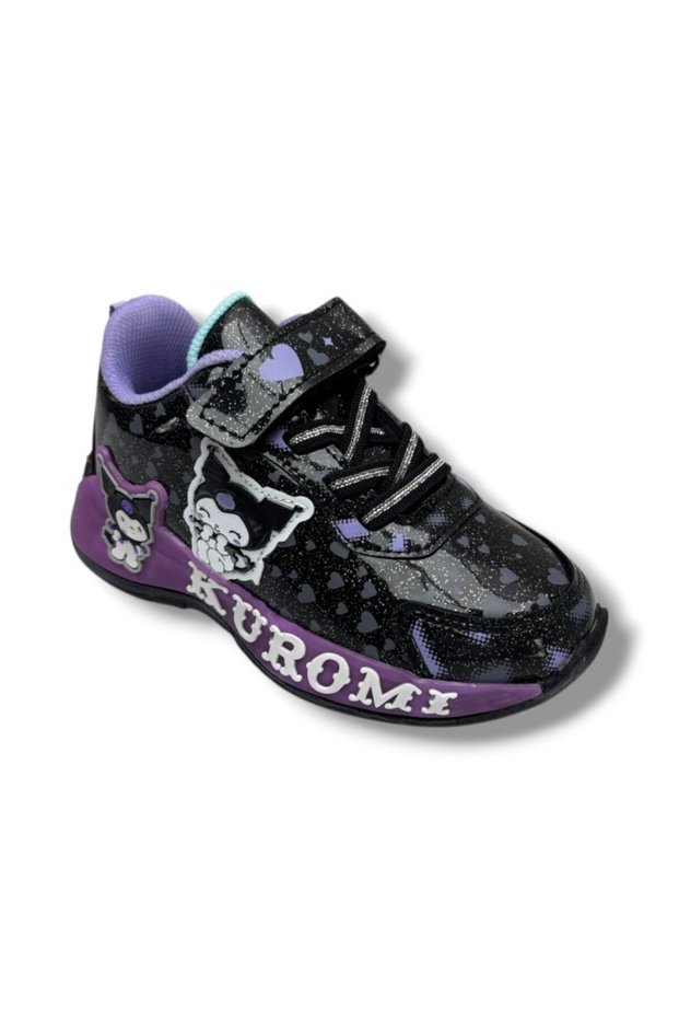 Kuromi 725-26 Glittery Shiny Leather Anatomical Girls' Sneaker Black Li̇la 26-30