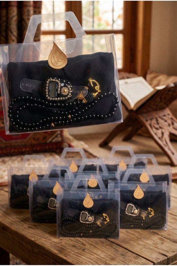 Flam Scarf in a Bag, Pearl Prayer Beads, Stone Zikirmatik, 10 Pieces Mevlüt Hac Umrah Gift Set