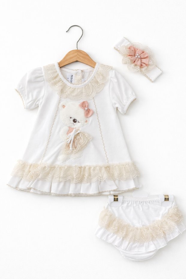 Lace Teddy Bear Baby Girl Dress Set – Set of 3 with Headband