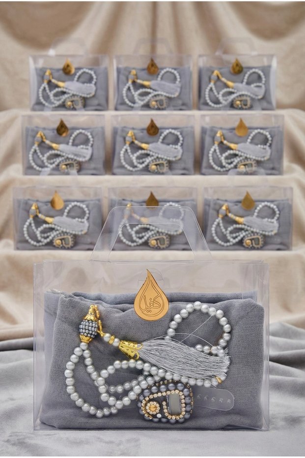 Flam Scarf in a Bag, Pearl Prayer Beads, Stone Zikirmatik, 10 Pieces Mevlüt Hac Umrah Gift Set